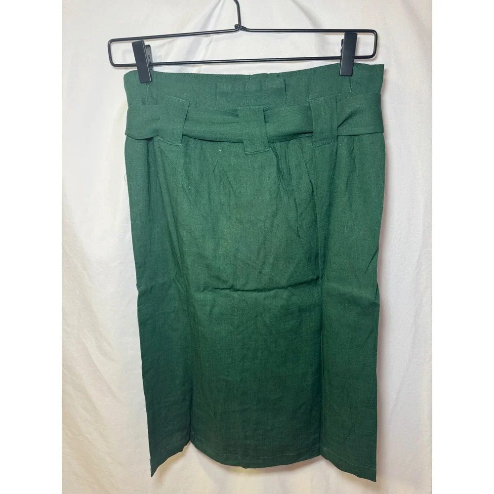Green Linen Pencil Skirt S High Waist Belted Preppy Dark Academia Tulip B NWT